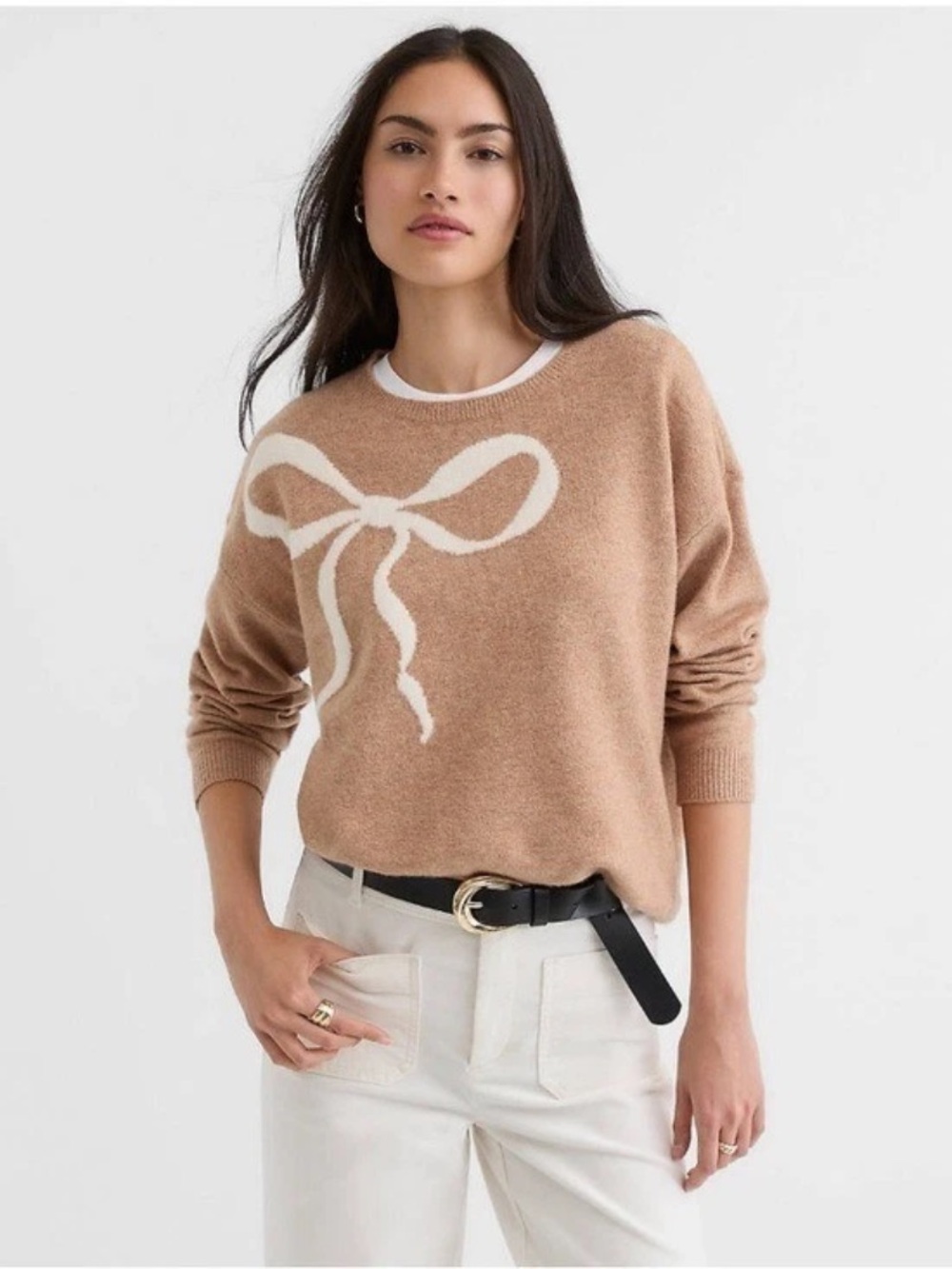 LOFT Camel Cream Bow Sweater XS Relaxed Coquette Preppy Knit Soft Girl Tan 2025